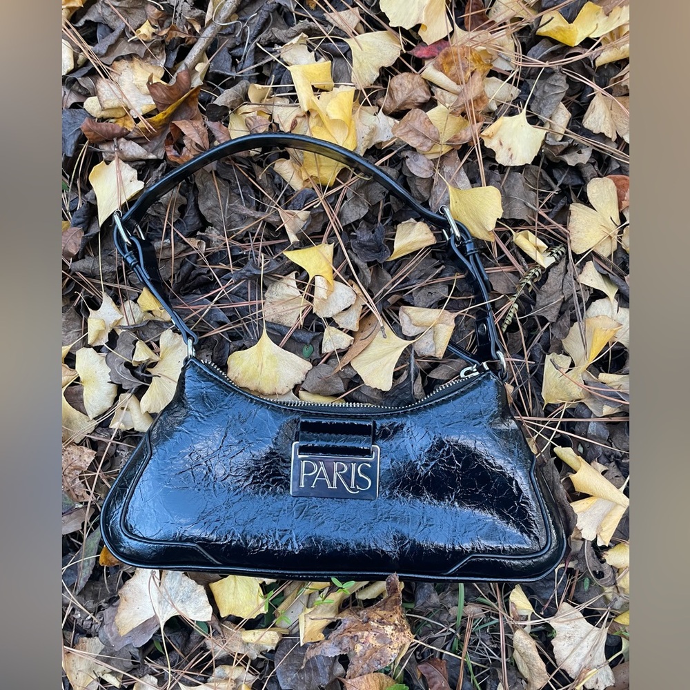 Paris Black Leather Shoulder Bag Purse silver